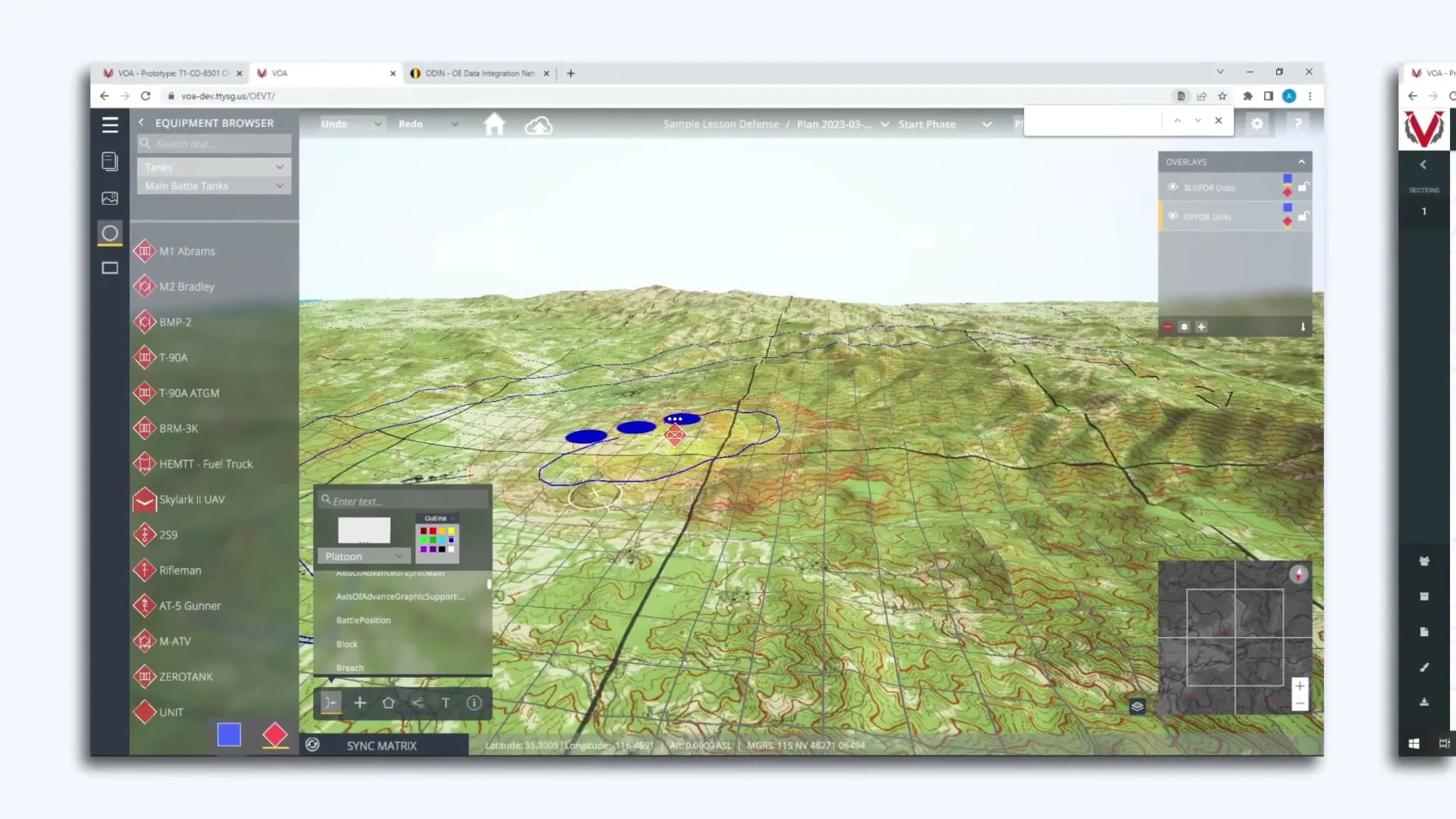 Equipment browser with vehicle and weapon models on a ground-level 3D terrain view