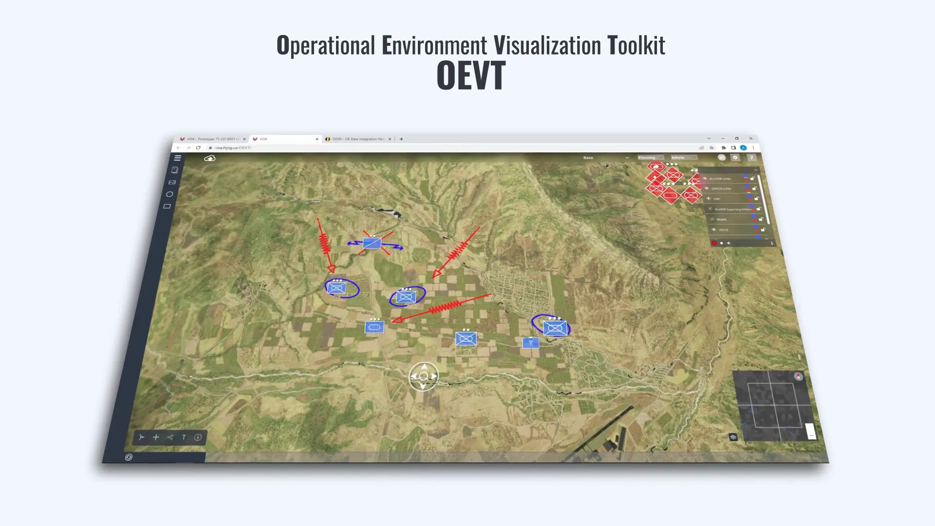 3D terrain overview with military unit symbols and planning tools in the OEVT browser application