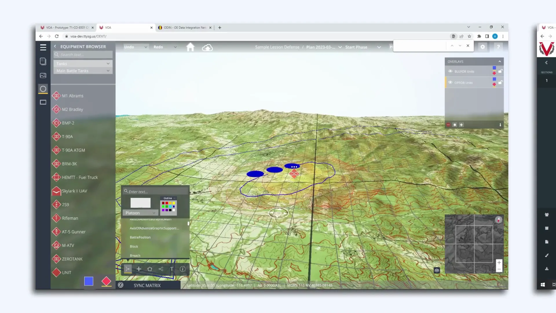 Authoring workspace showing equipment browser, tactical boundary graphics, and unit symbols on 3D terrain